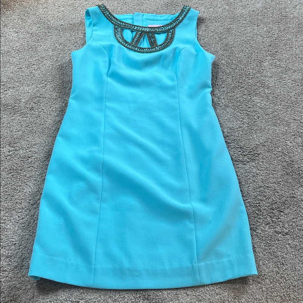 Lilly Pulitzer Aqua or Tiffany Blue Bronze Beaded Embellished Collar Sheath sz6